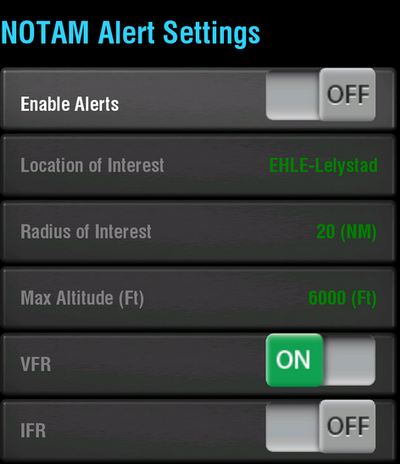 NOTAM Alert Settings.